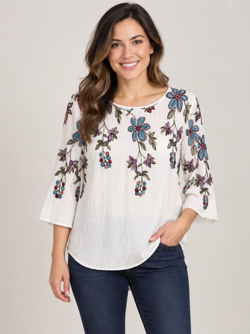 Embroidered Ivory Floral Peasant Blouse - Women
